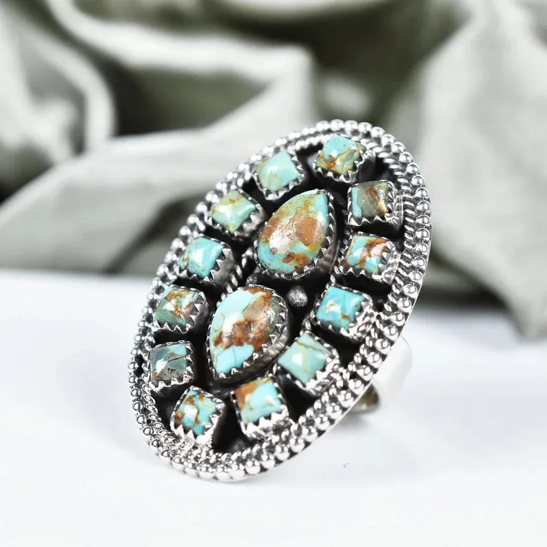 Native American Turquoise Cluster  925 Sterling Silver Rings