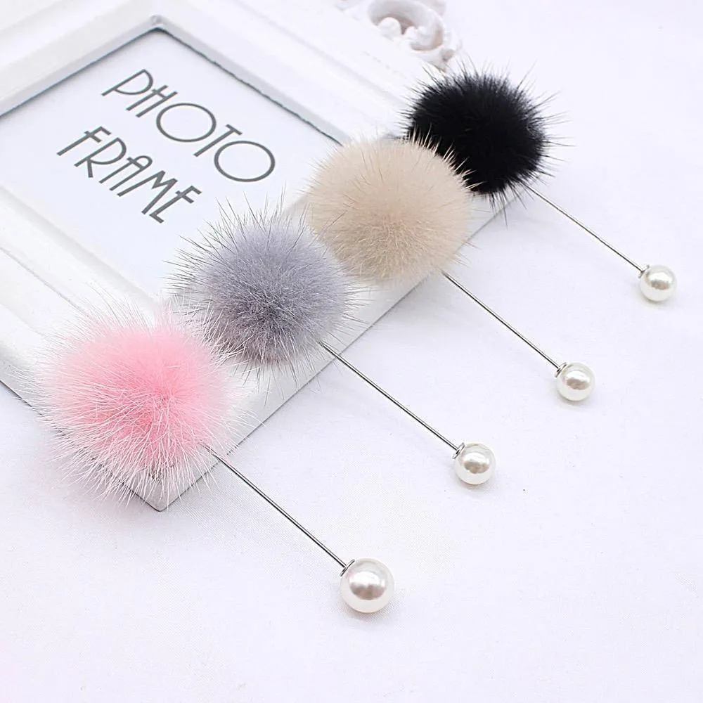 new cute Charm Simulated Pearl Brooch Pins For Women Korean Fur pompom Ball Piercing Lapel Brooches Collar Jewelry Gift