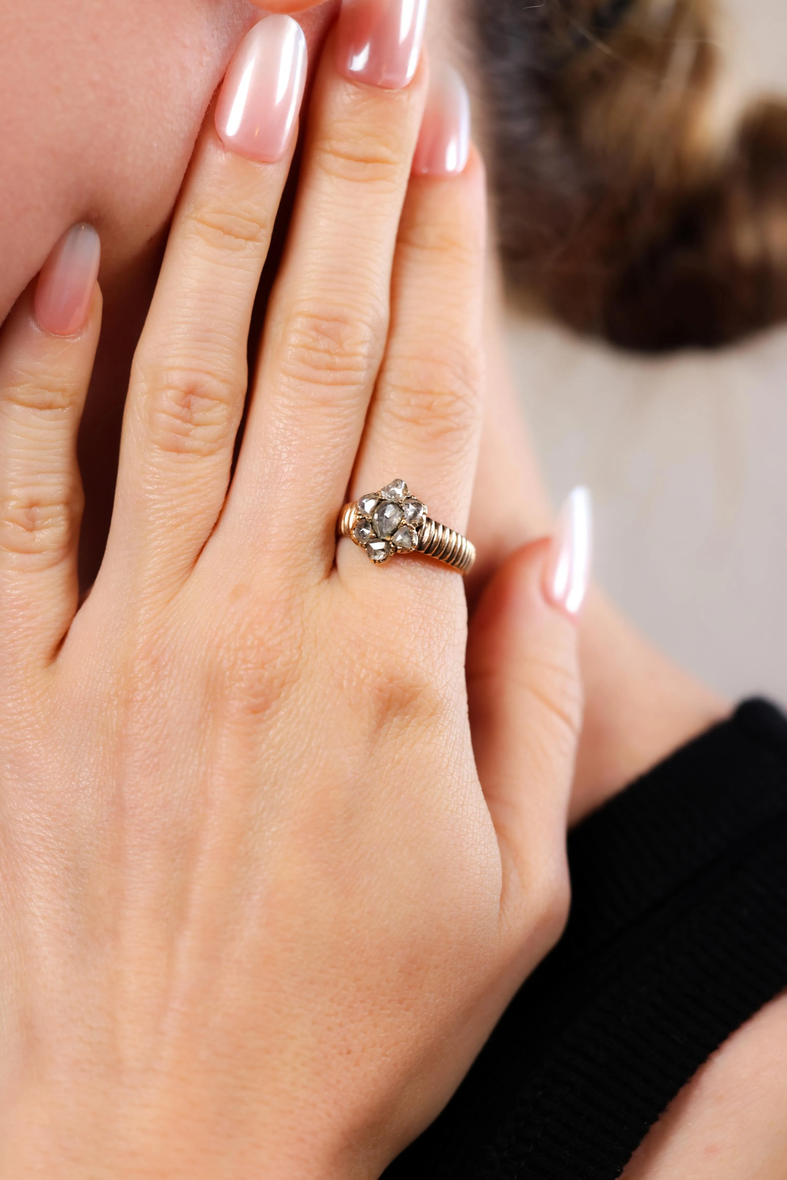 One Antique Austro-Hungarian Diamond 14k Rose Gold Cluster Ring