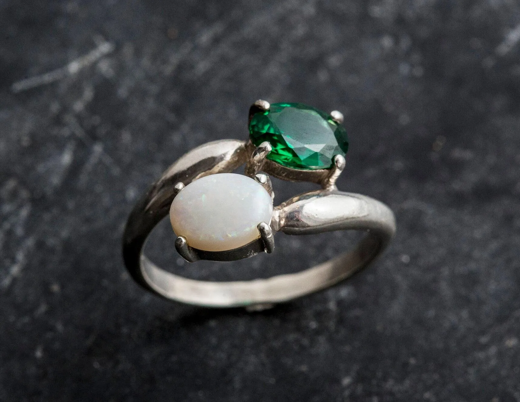 Opal and Emerald Ring - Two Stone Ring - Bypass Emerald Ring