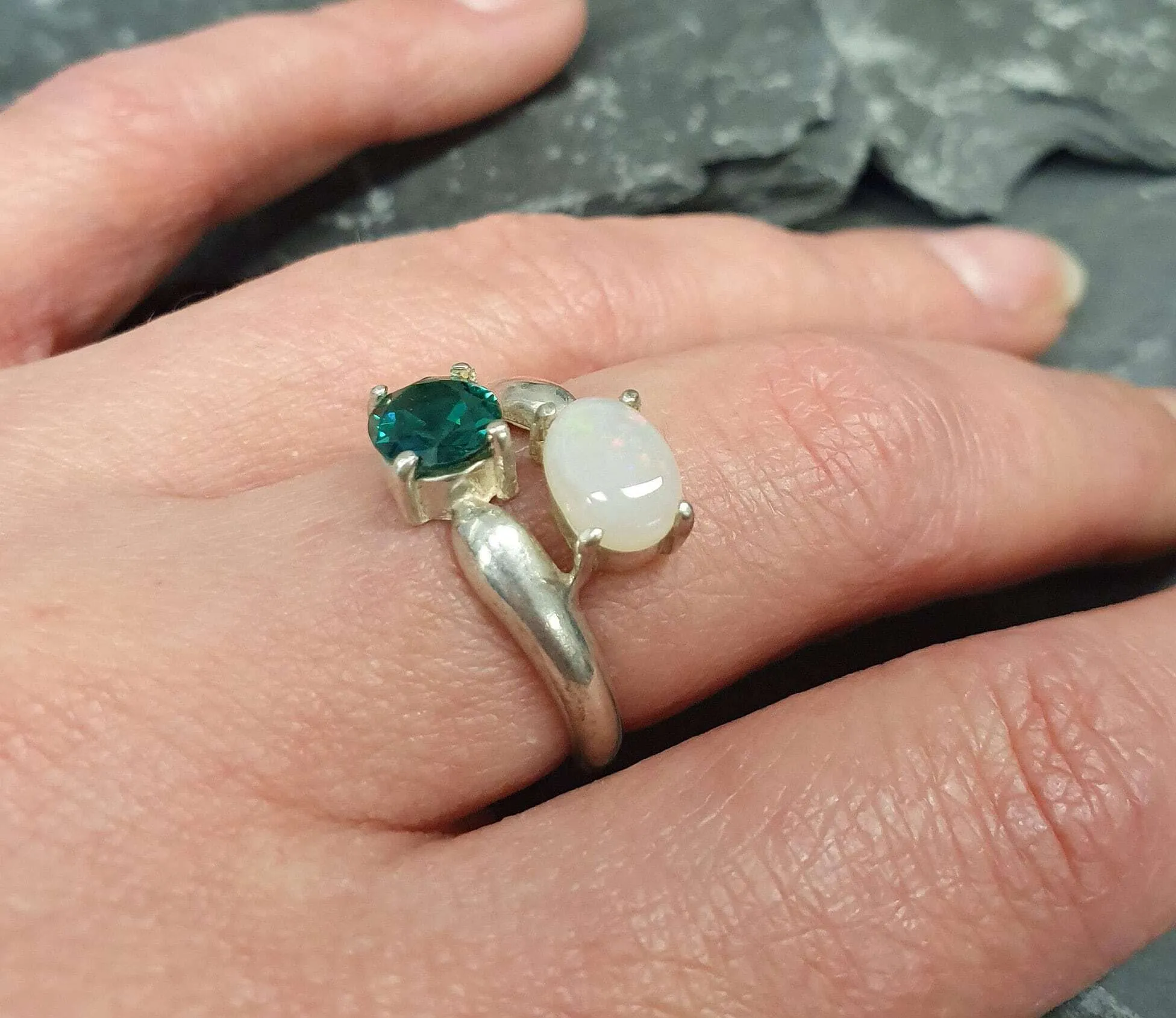 Opal and Emerald Ring - Two Stone Ring - Bypass Emerald Ring