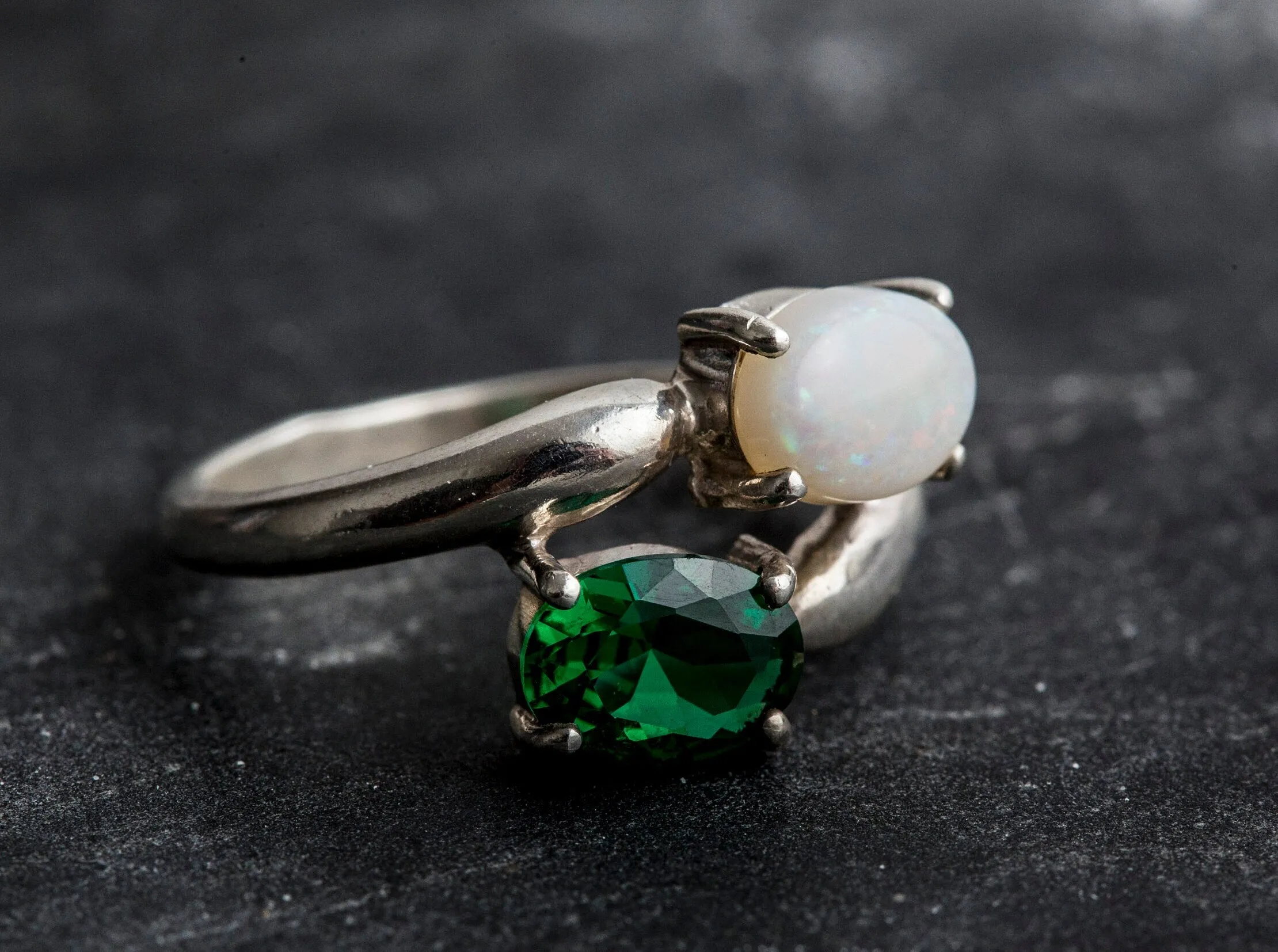 Opal and Emerald Ring - Two Stone Ring - Bypass Emerald Ring