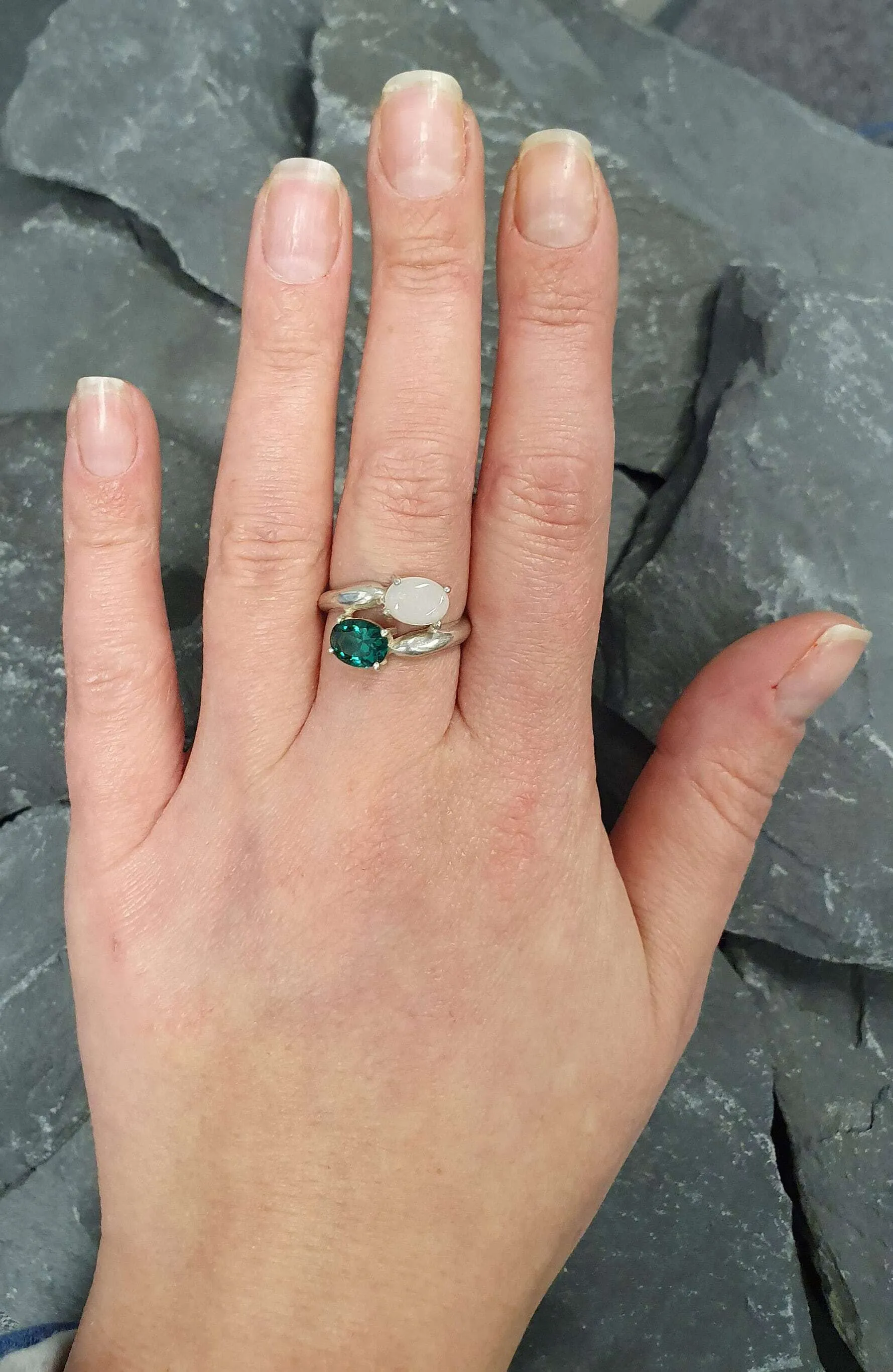 Opal and Emerald Ring - Two Stone Ring - Bypass Emerald Ring