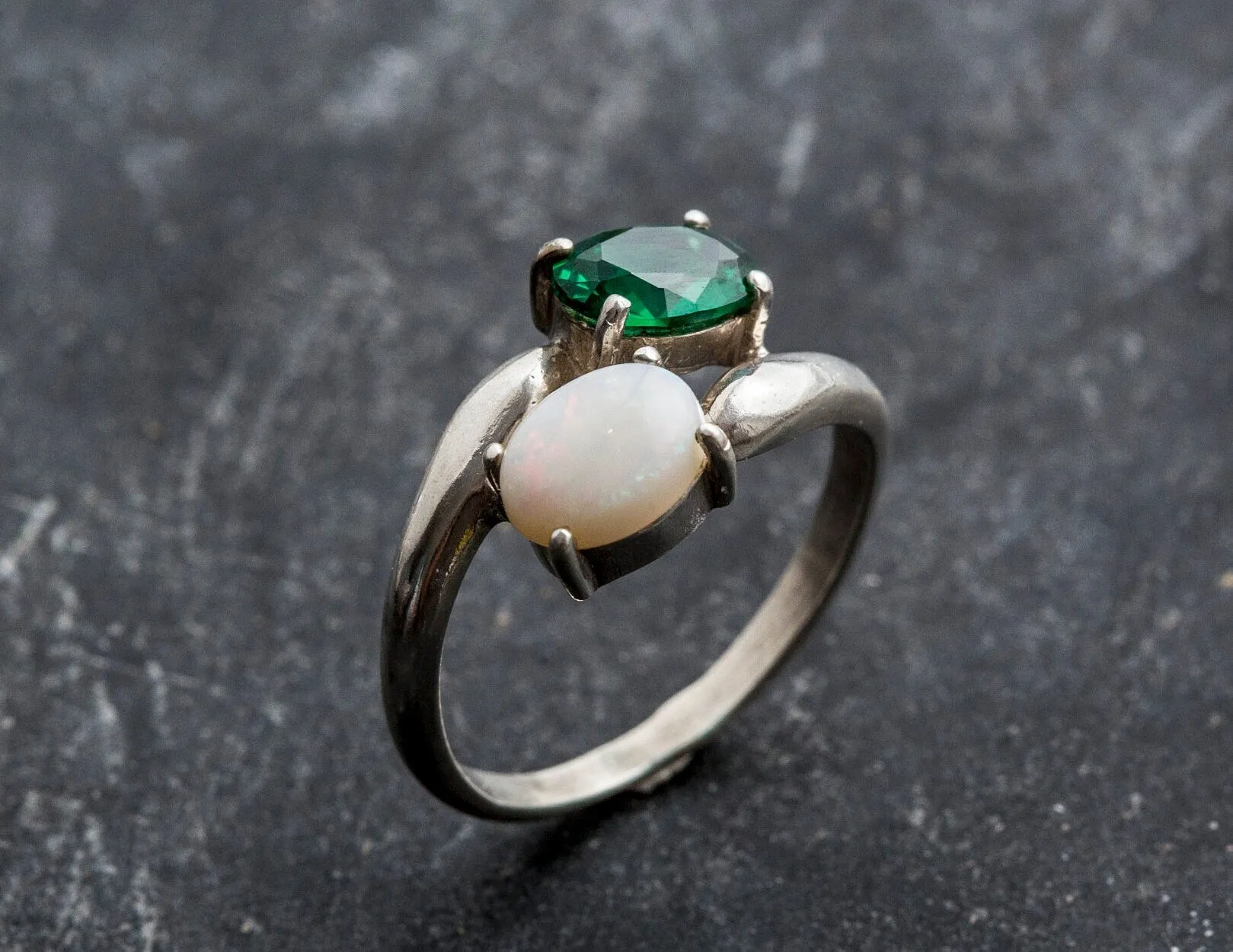 Opal and Emerald Ring - Two Stone Ring - Bypass Emerald Ring