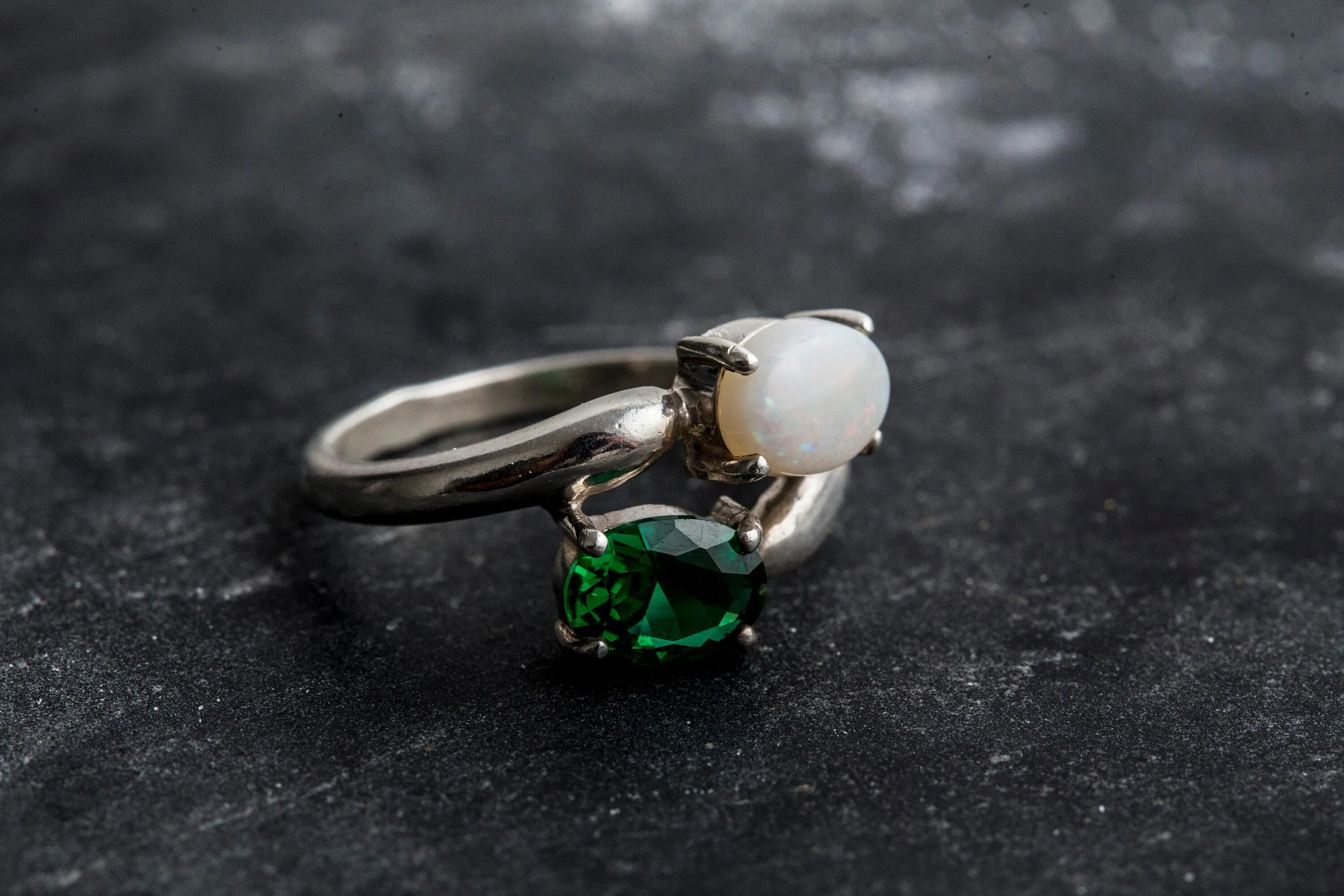 Opal and Emerald Ring - Two Stone Ring - Bypass Emerald Ring