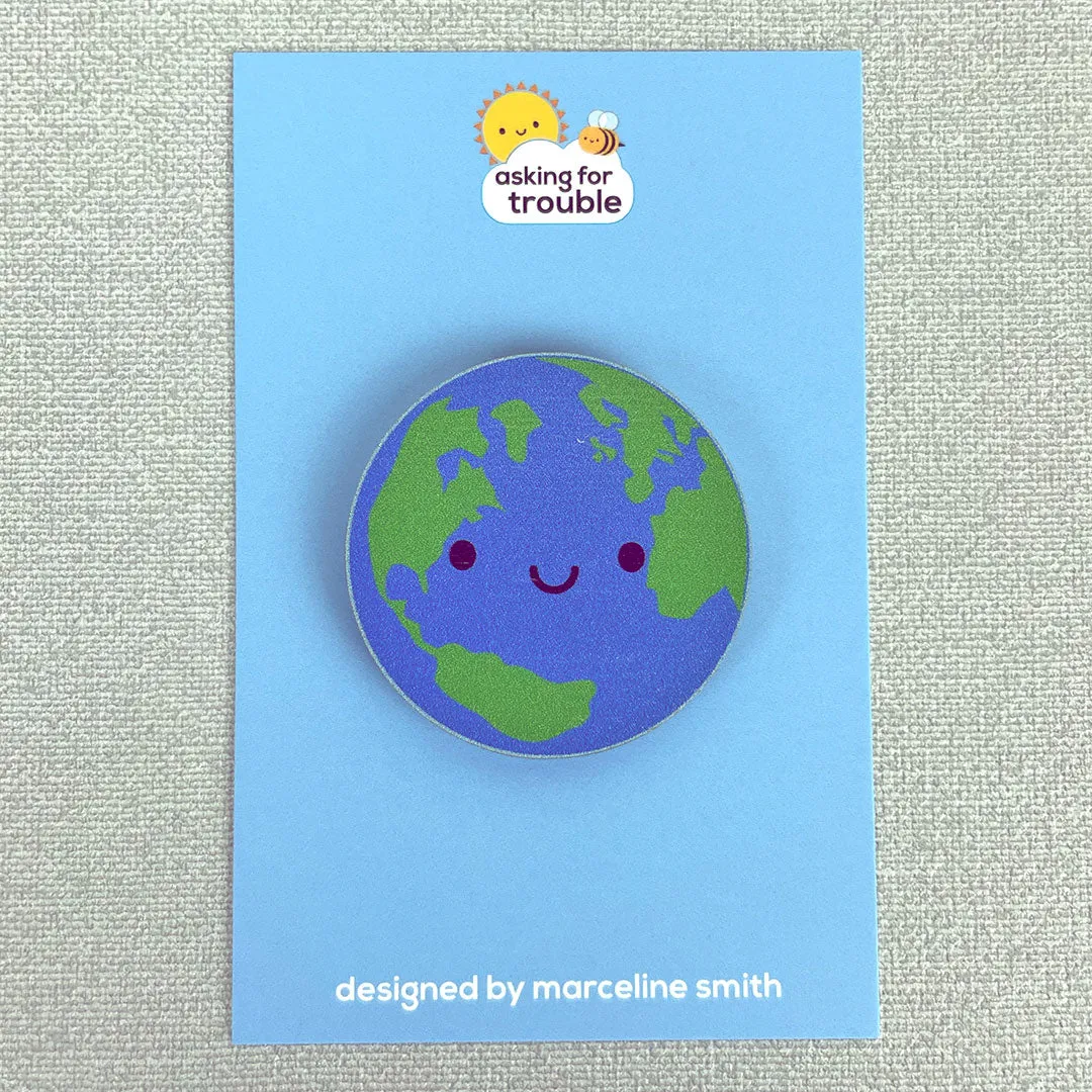 Planet Earth Kawaii Wooden Pin