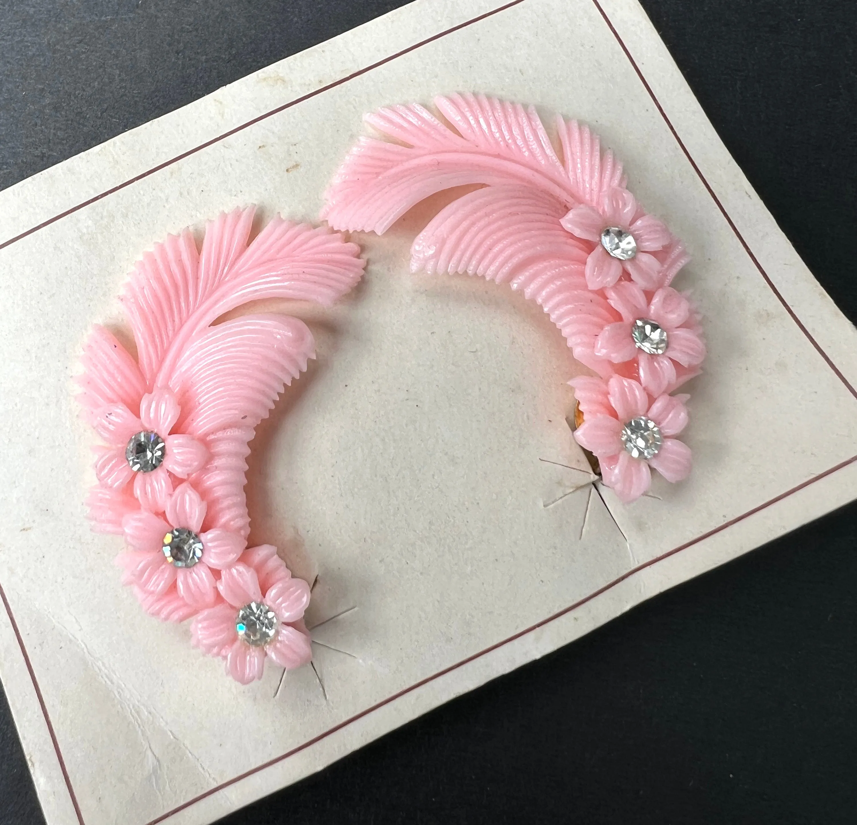 Pretty Pink Diamante Flower and Feather Vintage Clip-on Earrings