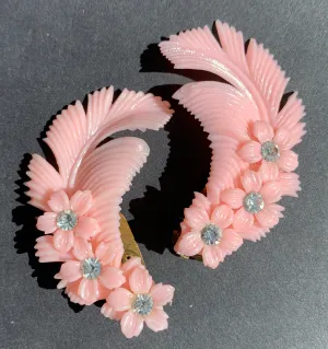 Pretty Pink Diamante Flower and Feather Vintage Clip-on Earrings