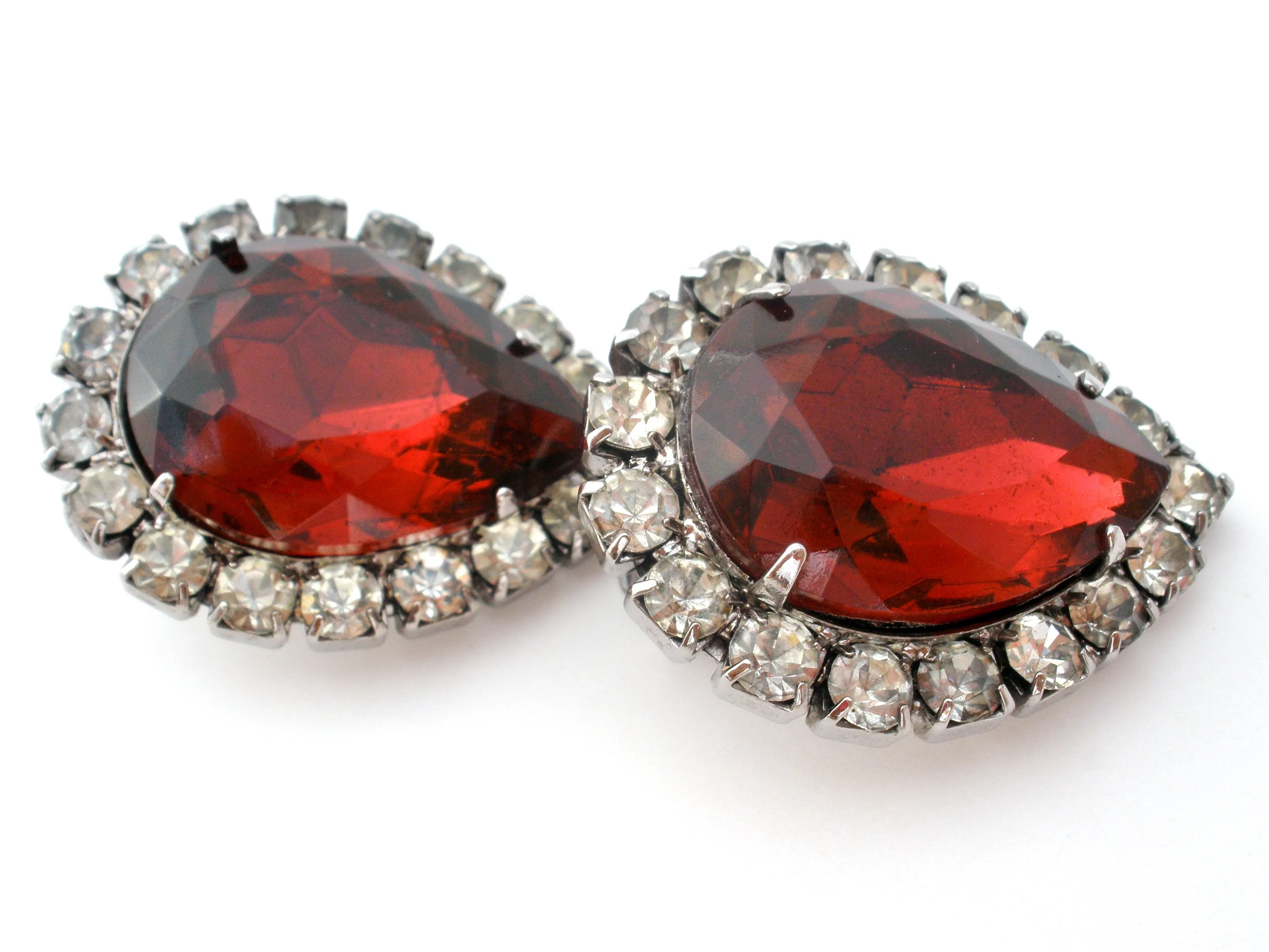 Red Rhinestone Earrings Vintage Clip On