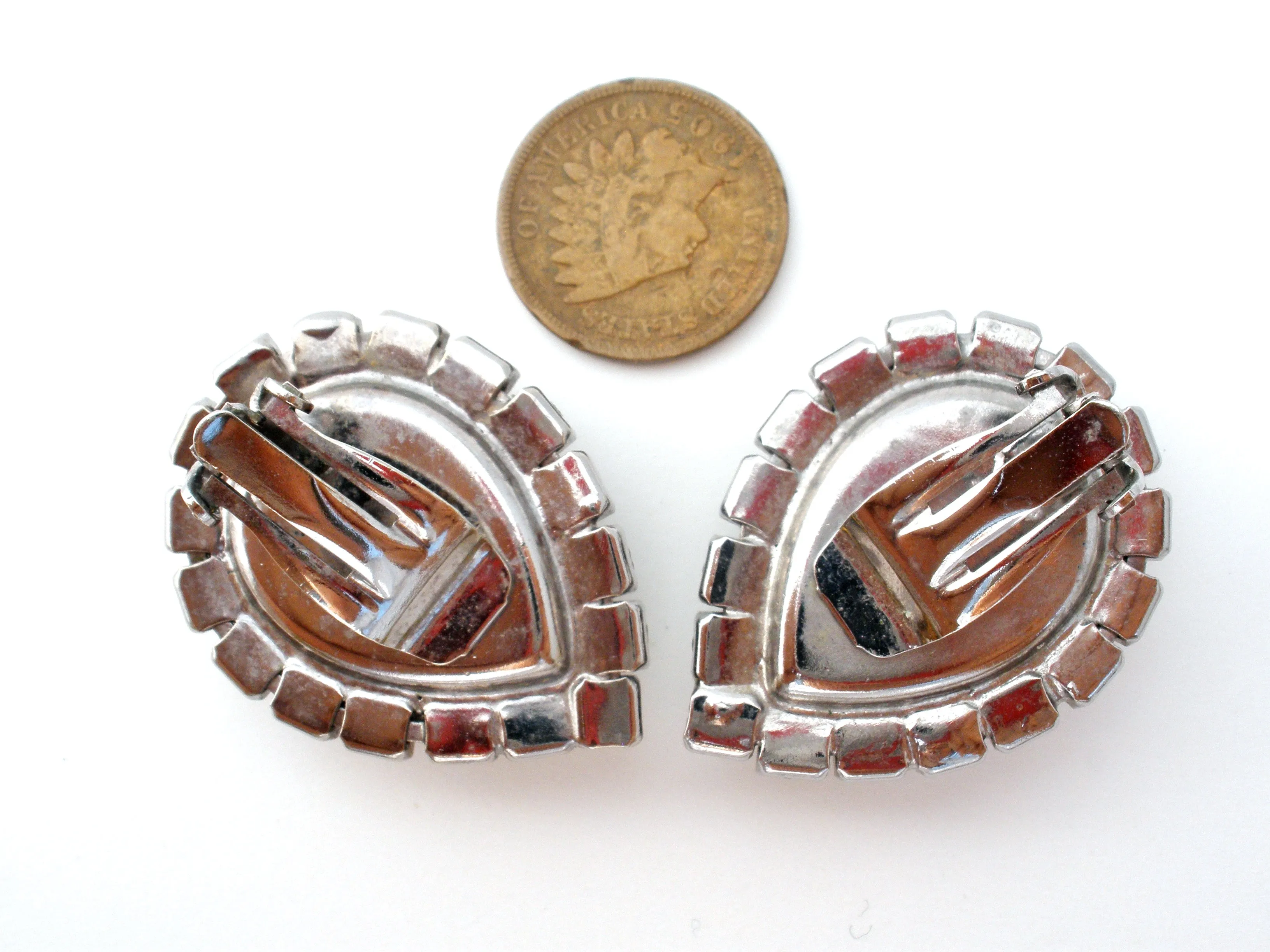 Red Rhinestone Earrings Vintage Clip On