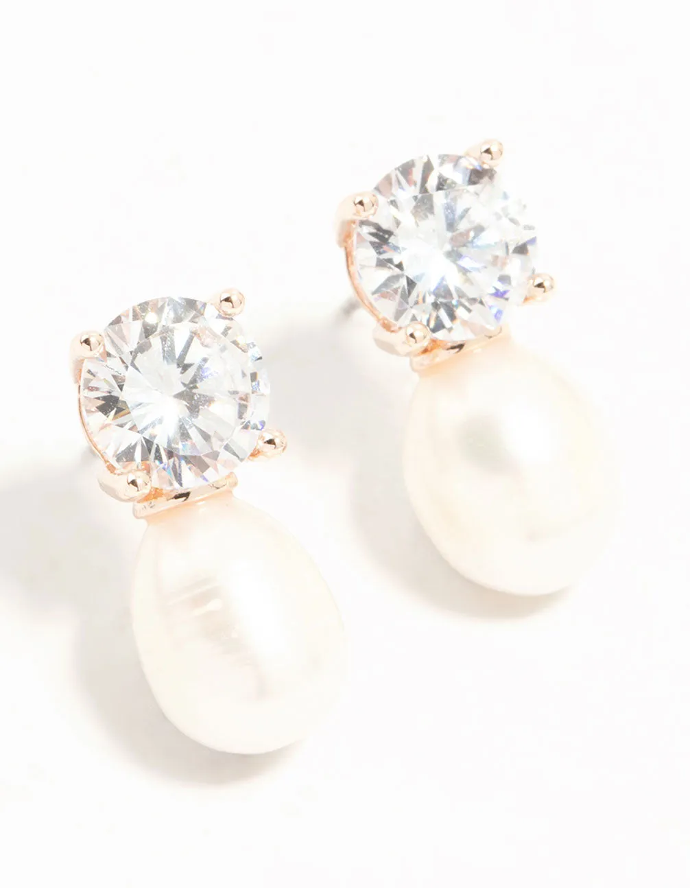 Rose Gold Plated Diamante Freshwater Pearl Drop Earrings