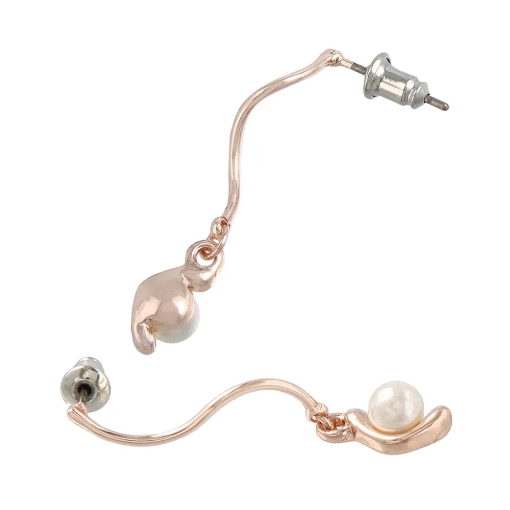 Rose Silver Wavy Bar Pearl Drop Earrings