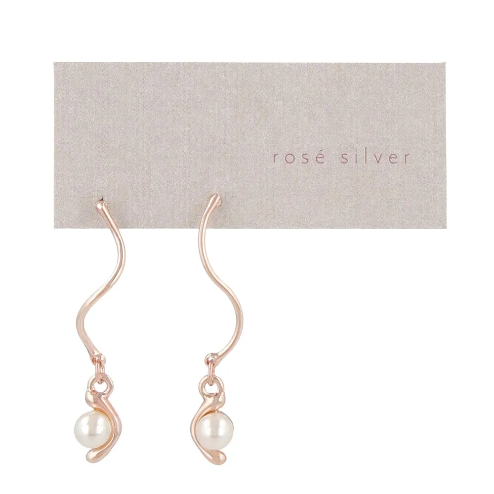 Rose Silver Wavy Bar Pearl Drop Earrings