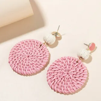 Round-Shaped Rattan Earrings Clip On Dangle Earrings for Women, Handmade