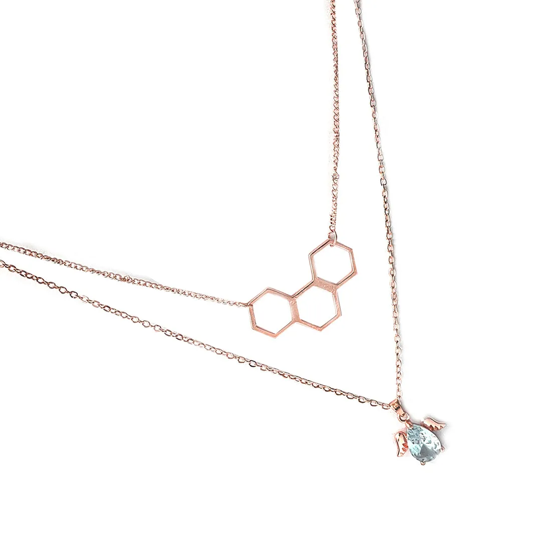 Set Of Two Hexagon & Diamante Wings Mini Pendant Rose Gold-Toned Dainty Necklaces