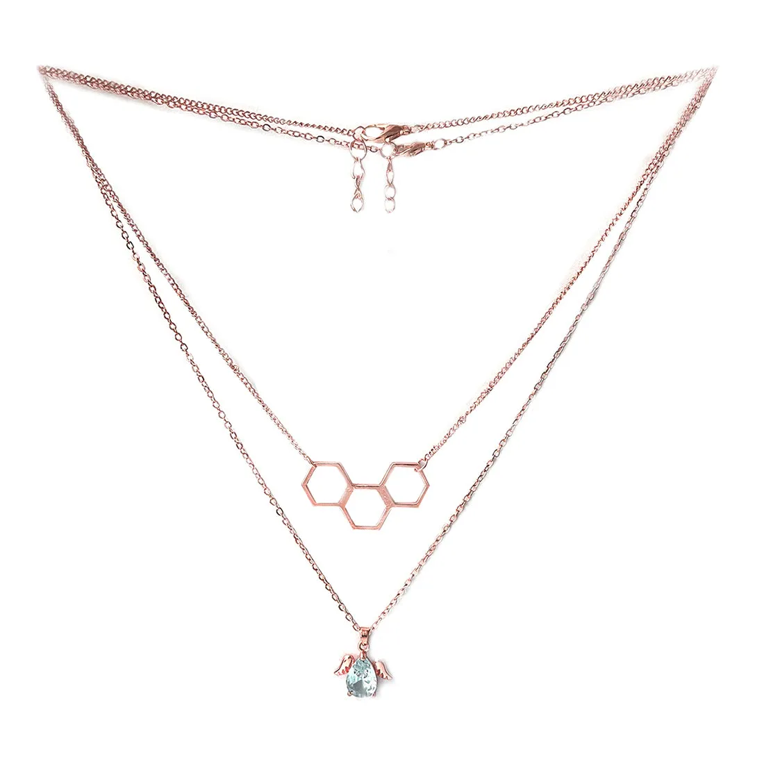 Set Of Two Hexagon & Diamante Wings Mini Pendant Rose Gold-Toned Dainty Necklaces