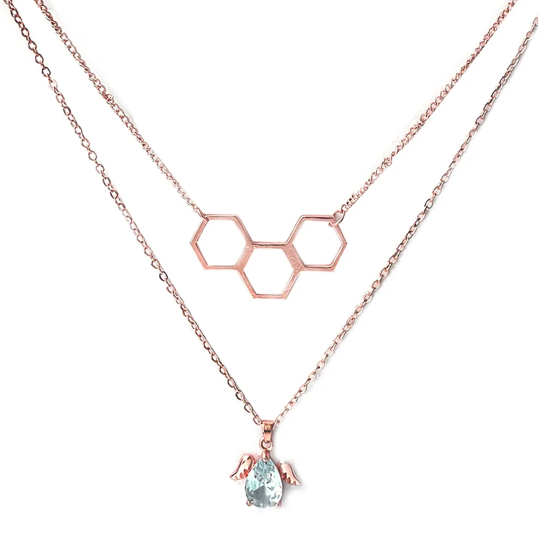 Set Of Two Hexagon & Diamante Wings Mini Pendant Rose Gold-Toned Dainty Necklaces