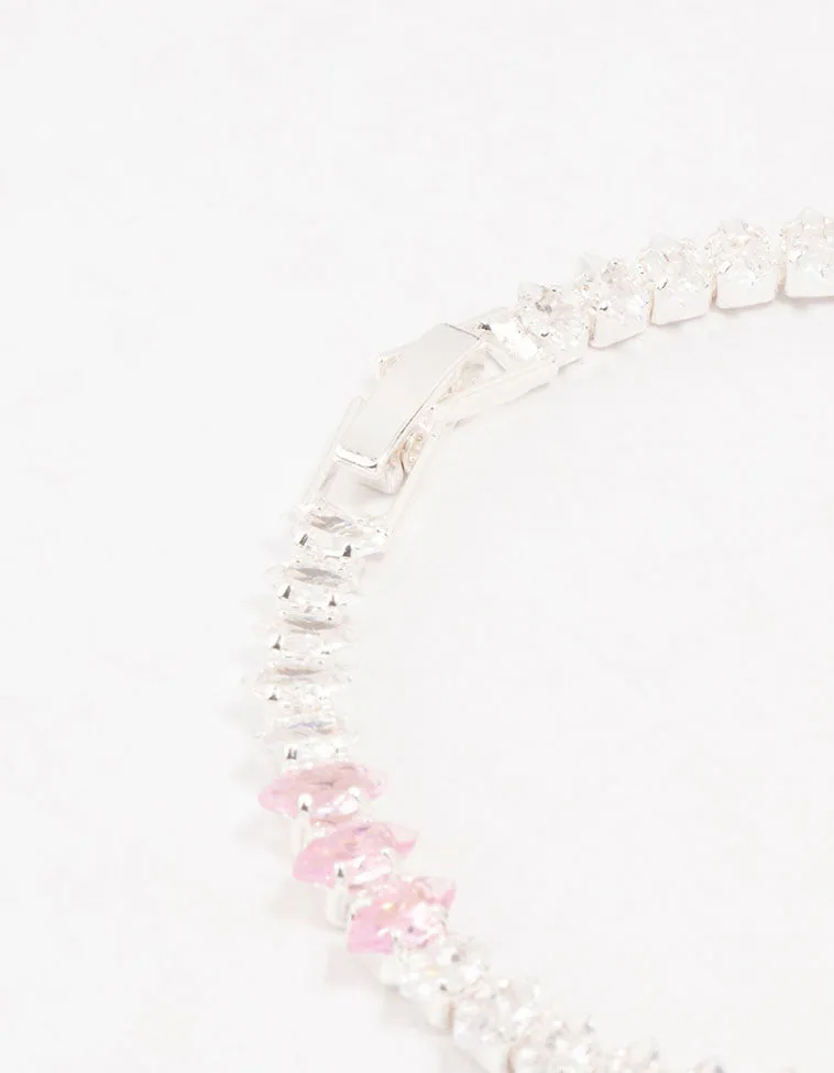 Silver Alternating Clear & Pink Marquise Cluster Cubic Zirconia Bracelet