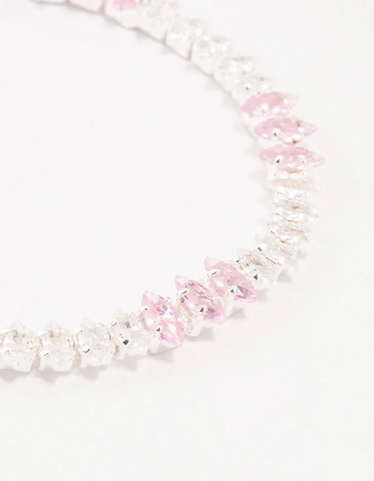 Silver Alternating Clear & Pink Marquise Cluster Cubic Zirconia Bracelet