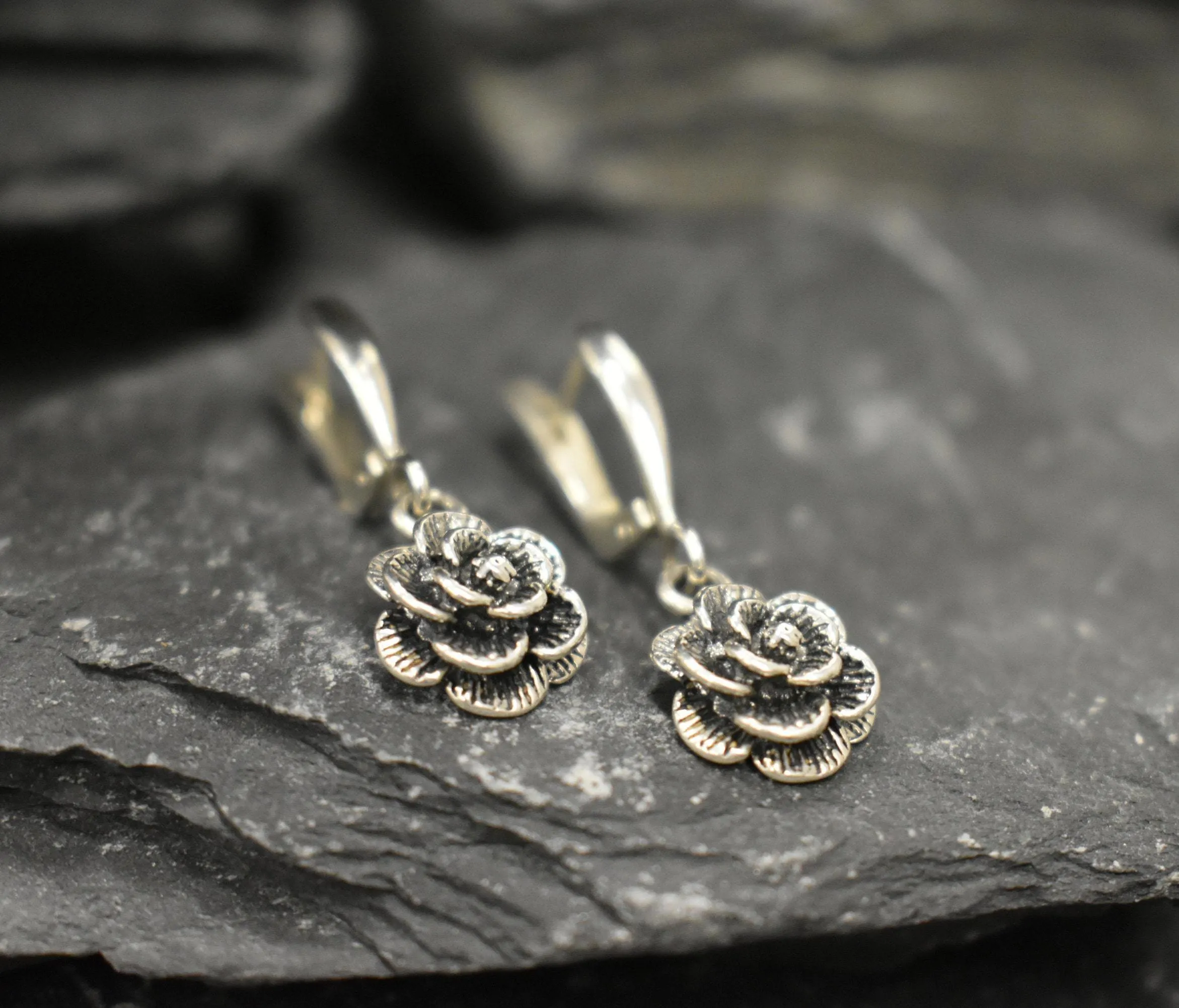 Silver Rose Earrings - Flower Drop Earrings - Silver Flower Earrings