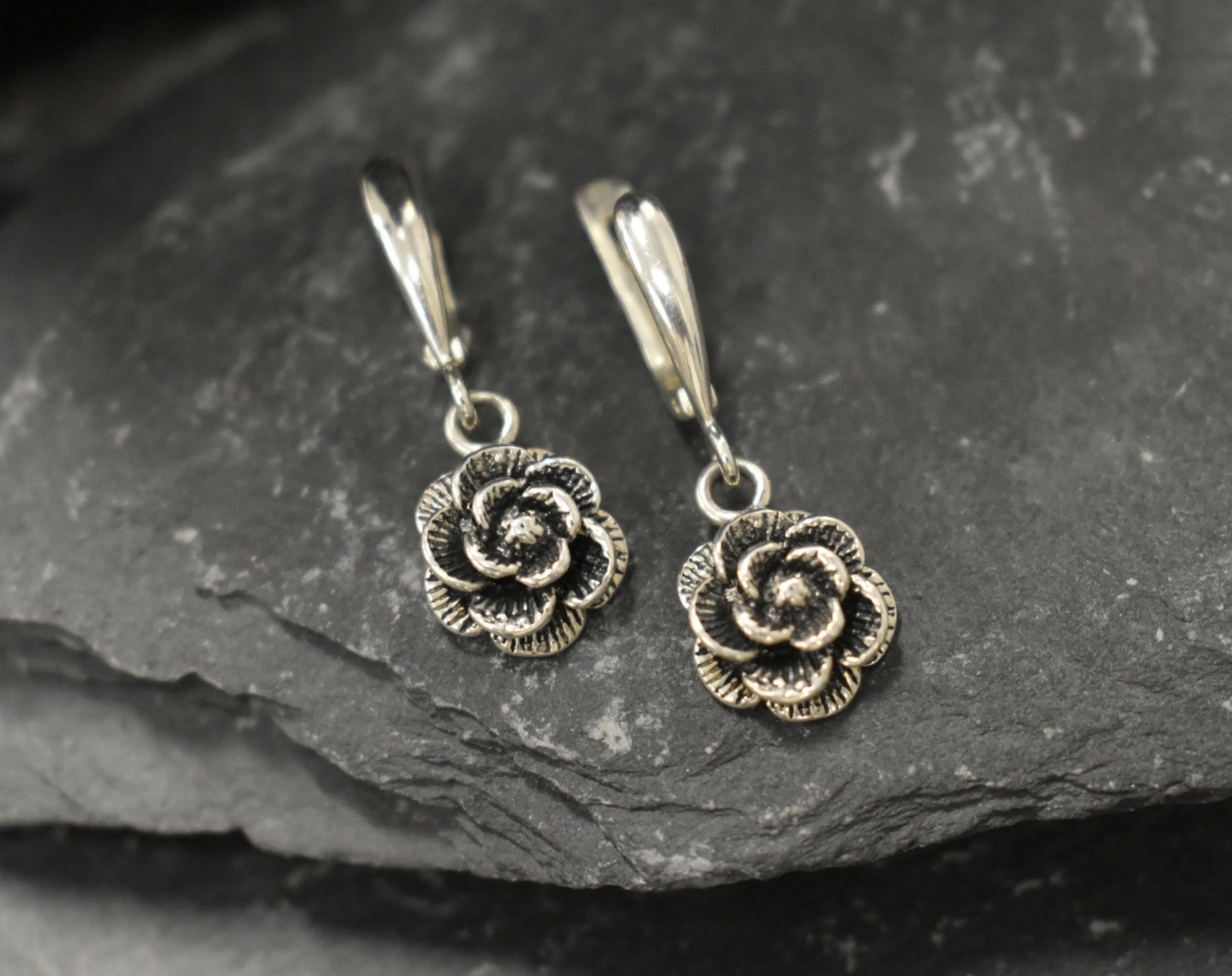 Silver Rose Earrings - Flower Drop Earrings - Silver Flower Earrings