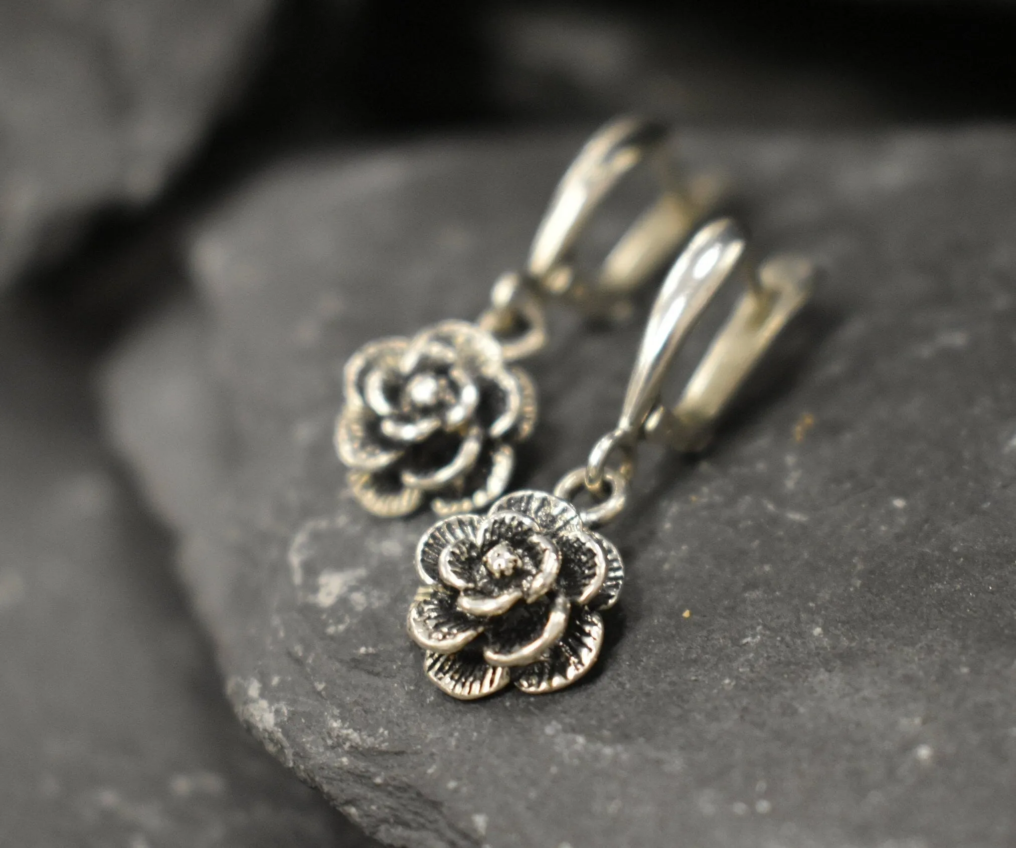 Silver Rose Earrings - Flower Drop Earrings - Silver Flower Earrings