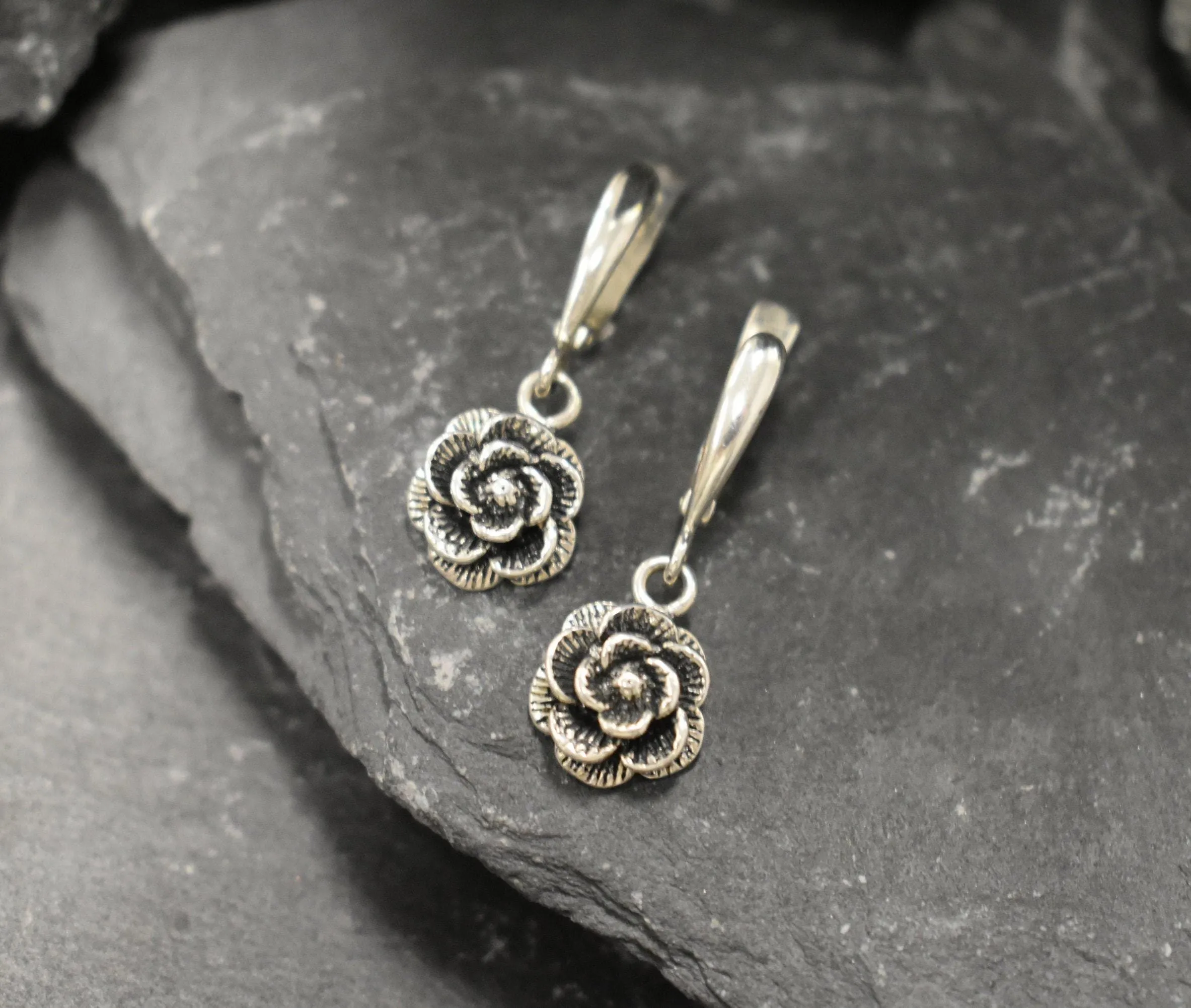 Silver Rose Earrings - Flower Drop Earrings - Silver Flower Earrings