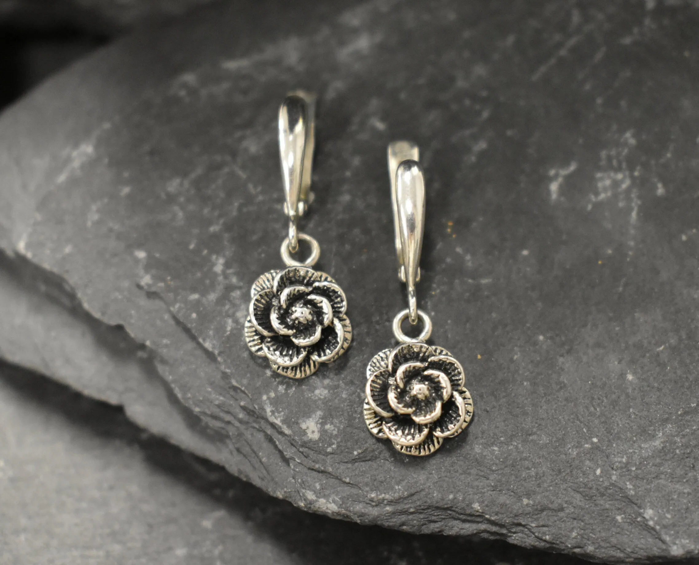 Silver Rose Earrings - Flower Drop Earrings - Silver Flower Earrings