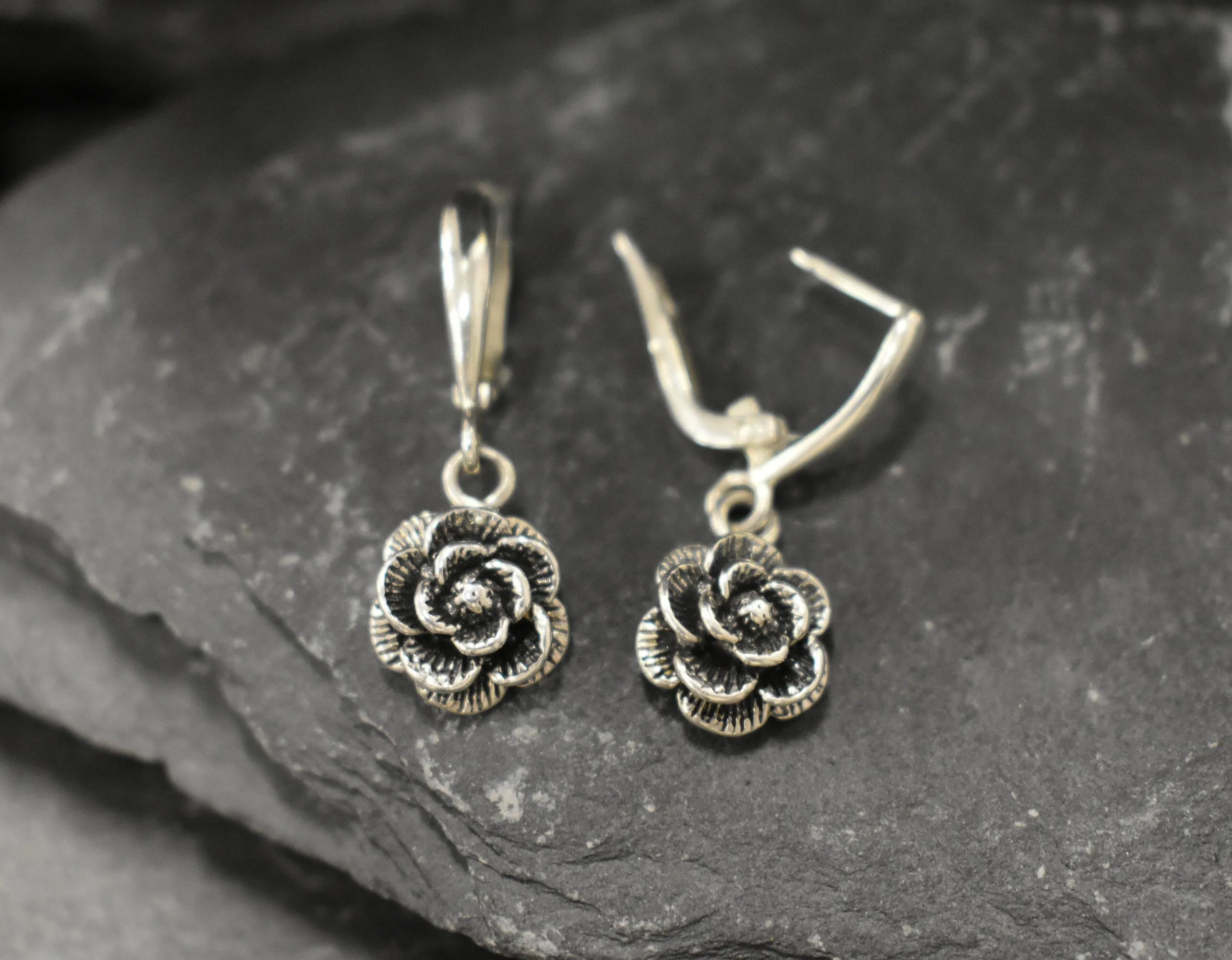 Silver Rose Earrings - Flower Drop Earrings - Silver Flower Earrings