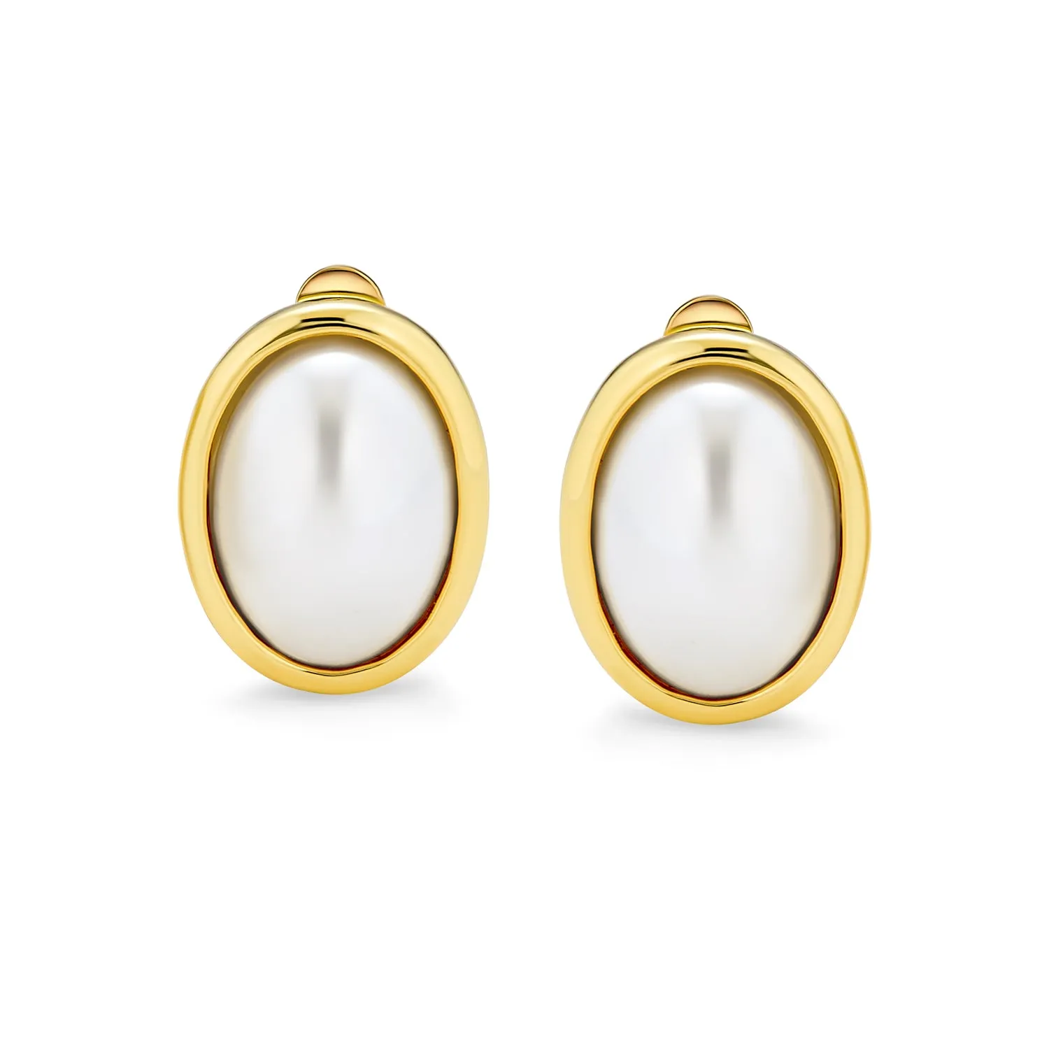 Simple White Pearl Cabochon Oval Clip-On Earrings 14K Gold Plated Non-Pierced Ears