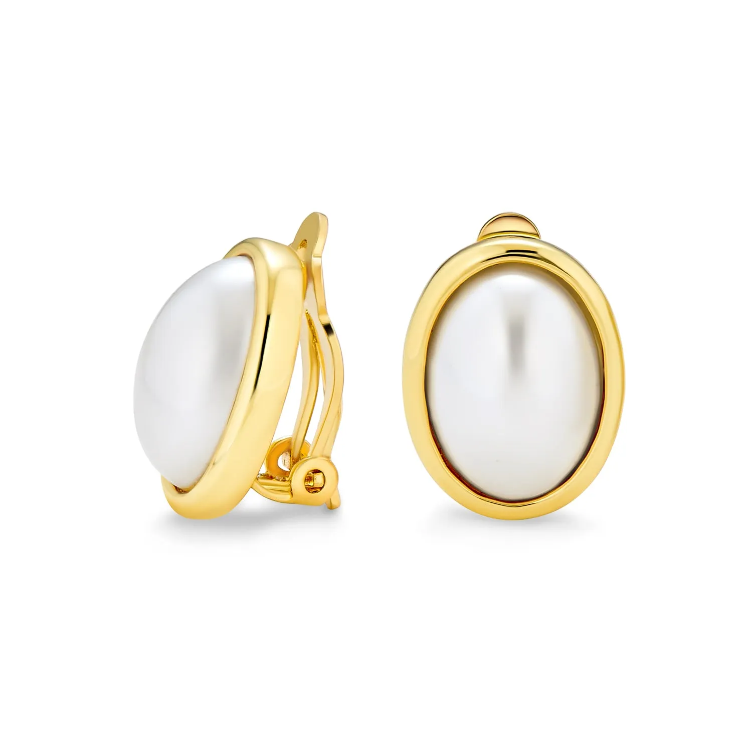 Simple White Pearl Cabochon Oval Clip-On Earrings 14K Gold Plated Non-Pierced Ears