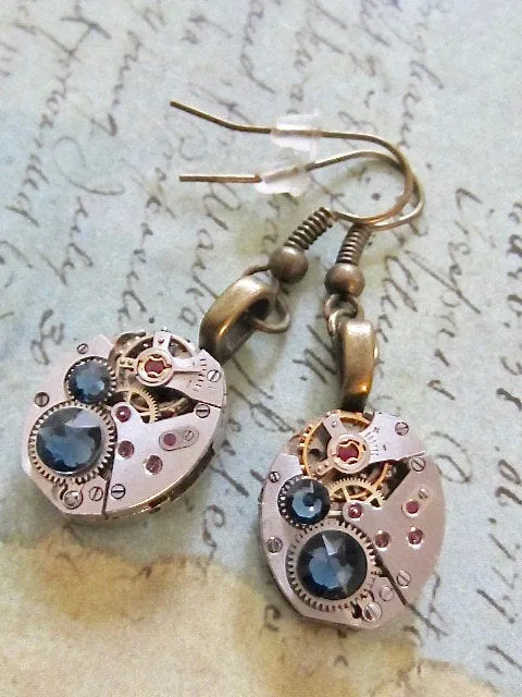 Steampunk earrings watch parts jewelry Deep Blue earrings Steampunk Watch movement Handmade Bridesmaid Gift Birthday for her