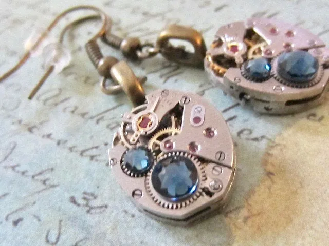 Steampunk earrings watch parts jewelry Deep Blue earrings Steampunk Watch movement Handmade Bridesmaid Gift Birthday for her