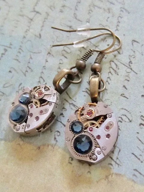 Steampunk earrings watch parts jewelry Deep Blue earrings Steampunk Watch movement Handmade Bridesmaid Gift Birthday for her