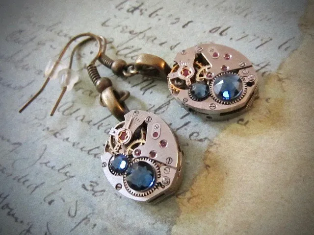 Steampunk earrings watch parts jewelry Deep Blue earrings Steampunk Watch movement Handmade Bridesmaid Gift Birthday for her