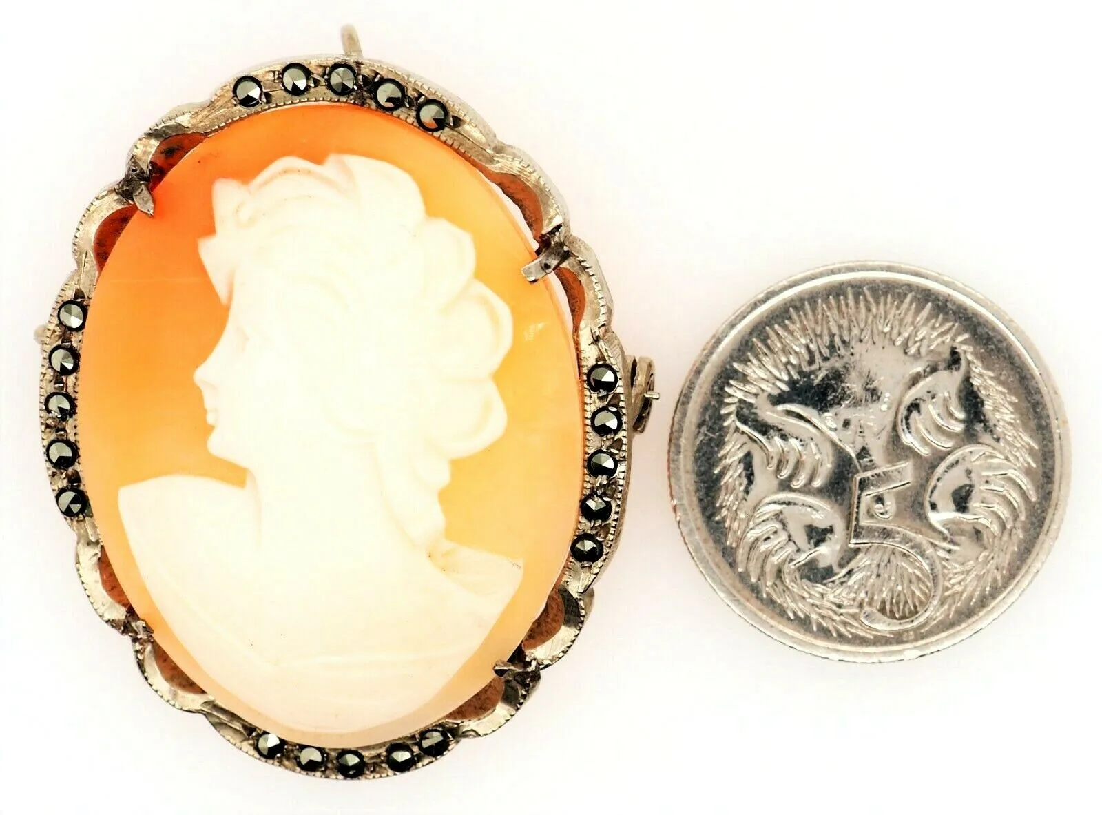 Sterling Silver Shell Cameo & Marcasite Brooch/Pendant