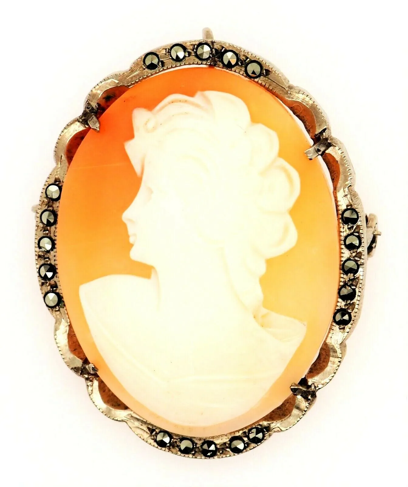 Sterling Silver Shell Cameo & Marcasite Brooch/Pendant