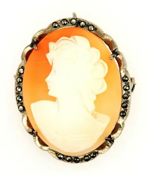 Sterling Silver Shell Cameo & Marcasite Brooch/Pendant