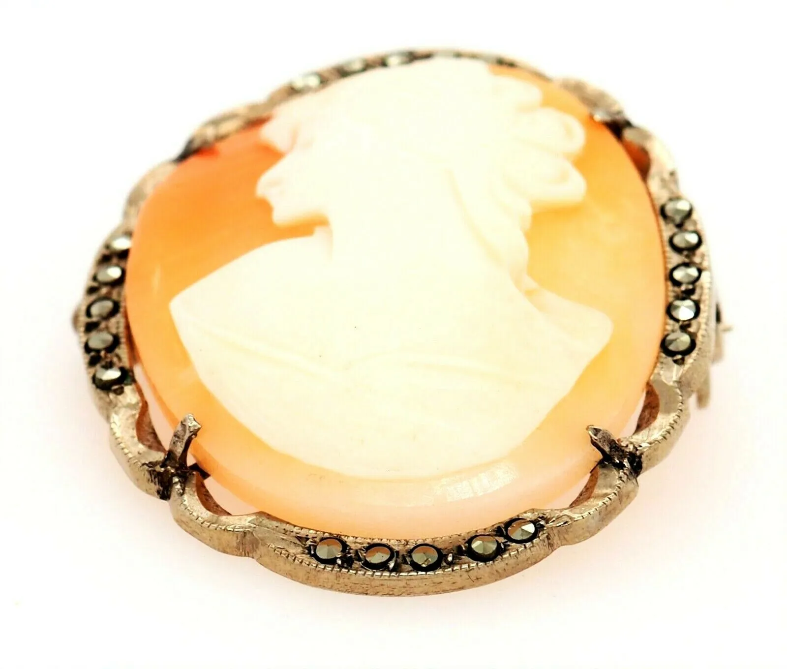 Sterling Silver Shell Cameo & Marcasite Brooch/Pendant