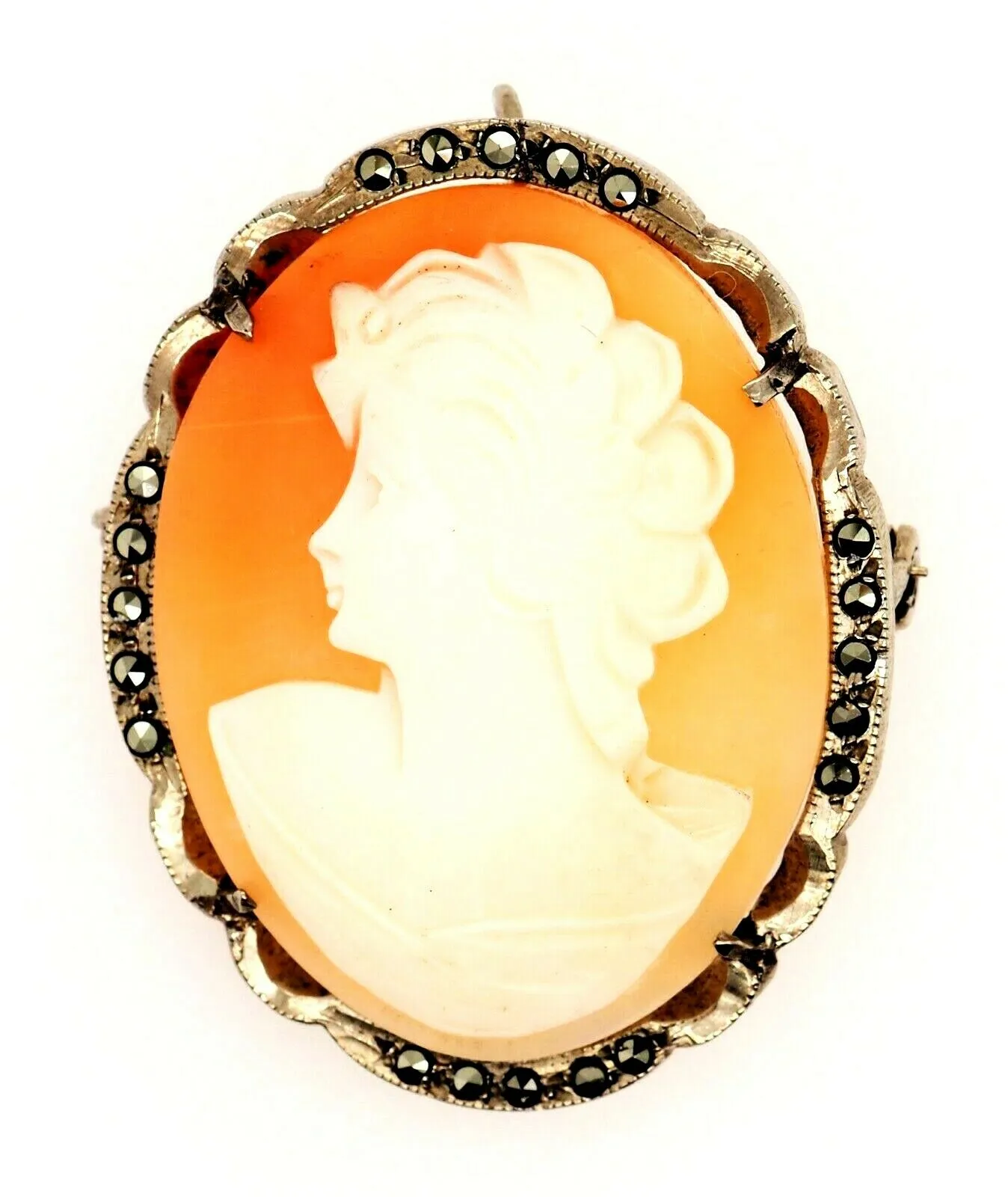 Sterling Silver Shell Cameo & Marcasite Brooch/Pendant