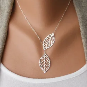 SUSENSTONE 1PC Womens Girls Simple Metal Double Leaf Pendant Alloy Choker Necklace