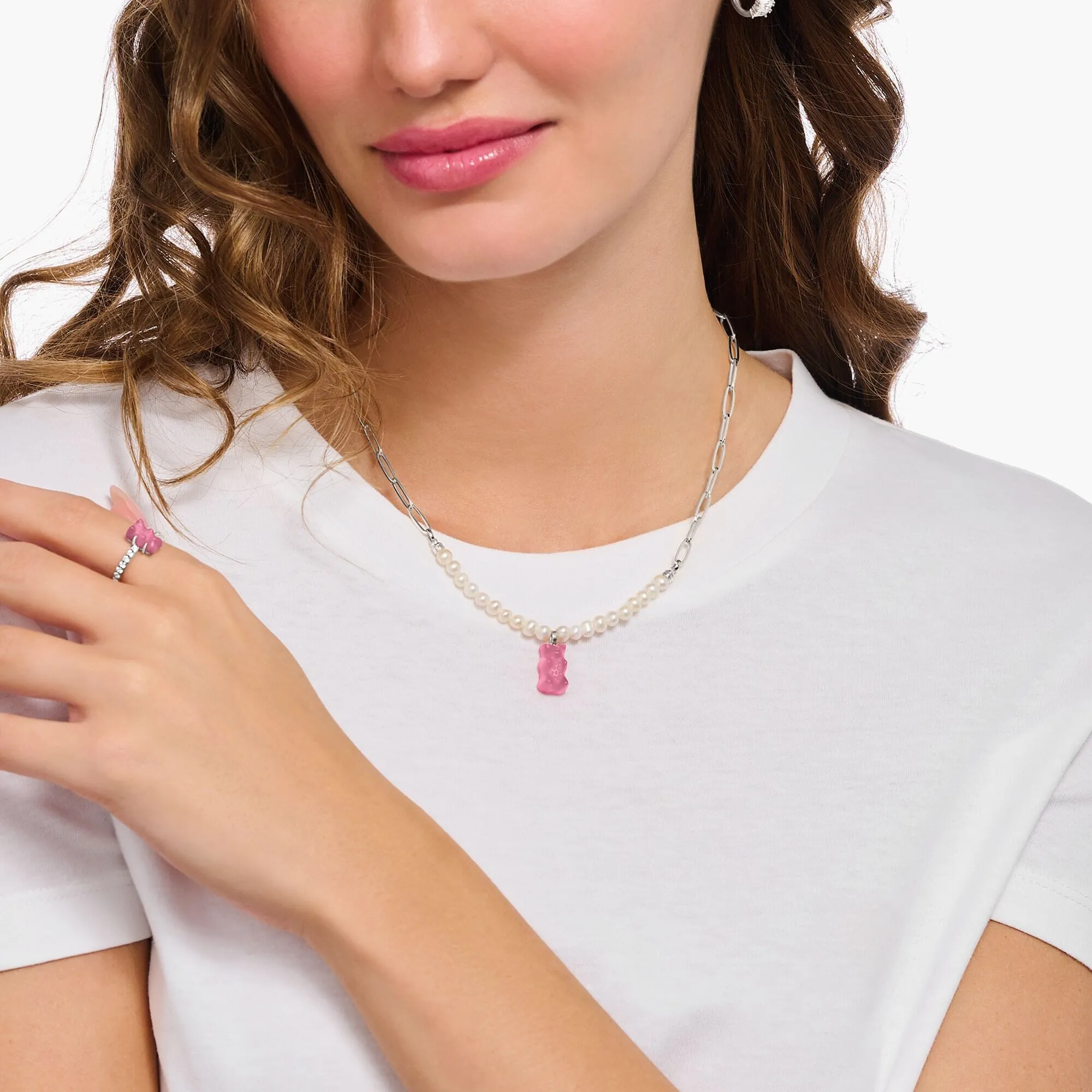 THOMAS SABO Link necklace with pink Goldbears & freshwater pearls