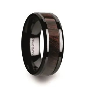 Thorsten BENNY Black Ceramic Bubinga Wood Inlay Polished Beveled Edges Men’s Wedding Band - 8mm