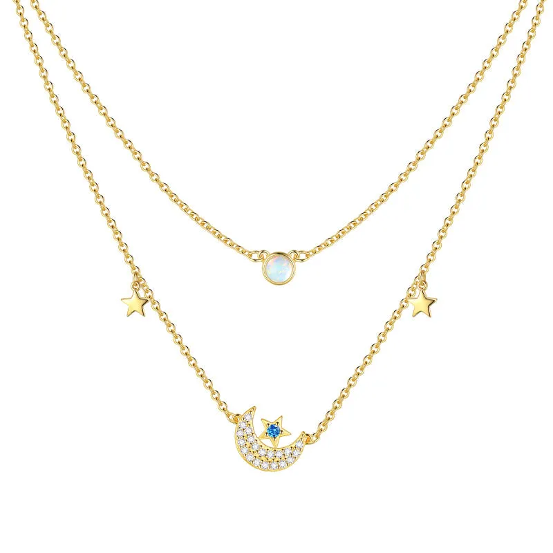 Tokyo Mart Layered Moon Star Necklace, Women Jewelry Opal Trendy Choker Chain Crescent Moon Pendant