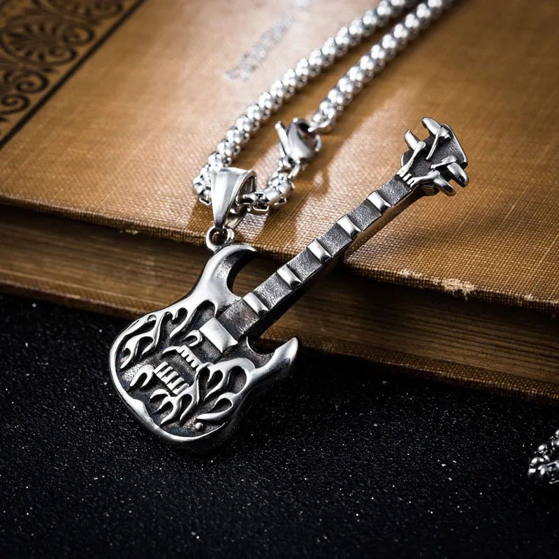 Trendy Guitar Necklace Pendant With Free Chain / Punk Style Unisex Jewelry