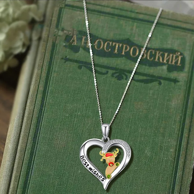 Trendy Heart Alloy Santa Elk Pendant Necklaces for Woman