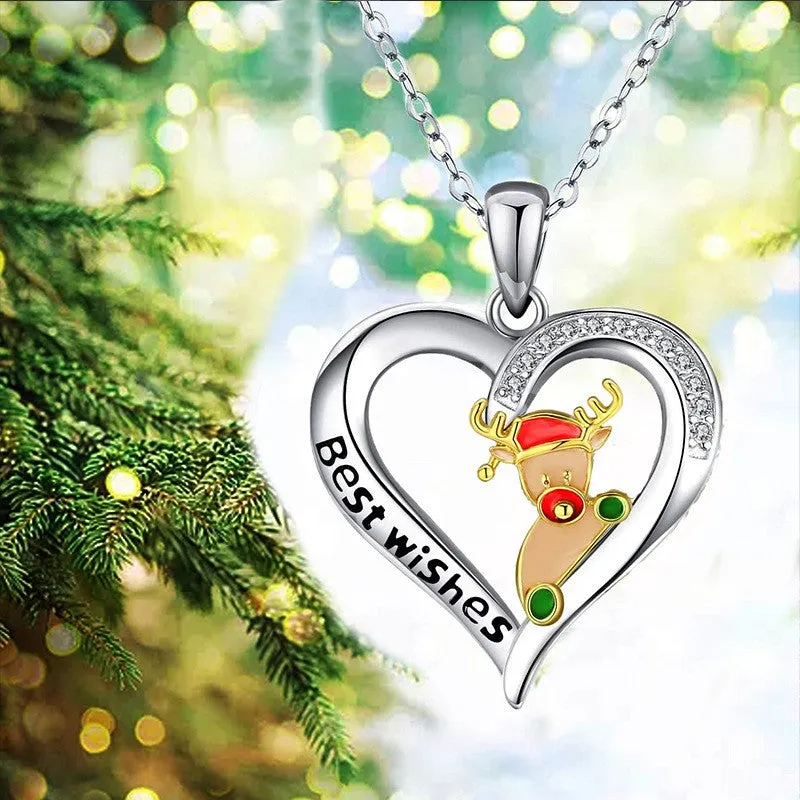 Trendy Heart Alloy Santa Elk Pendant Necklaces for Woman