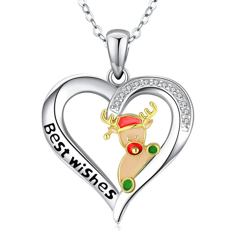 Trendy Heart Alloy Santa Elk Pendant Necklaces for Woman