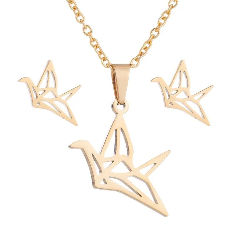 Trendy Jewelry Hollow Paper Crane Jewelry Set for Her in 925 Sterling Silver