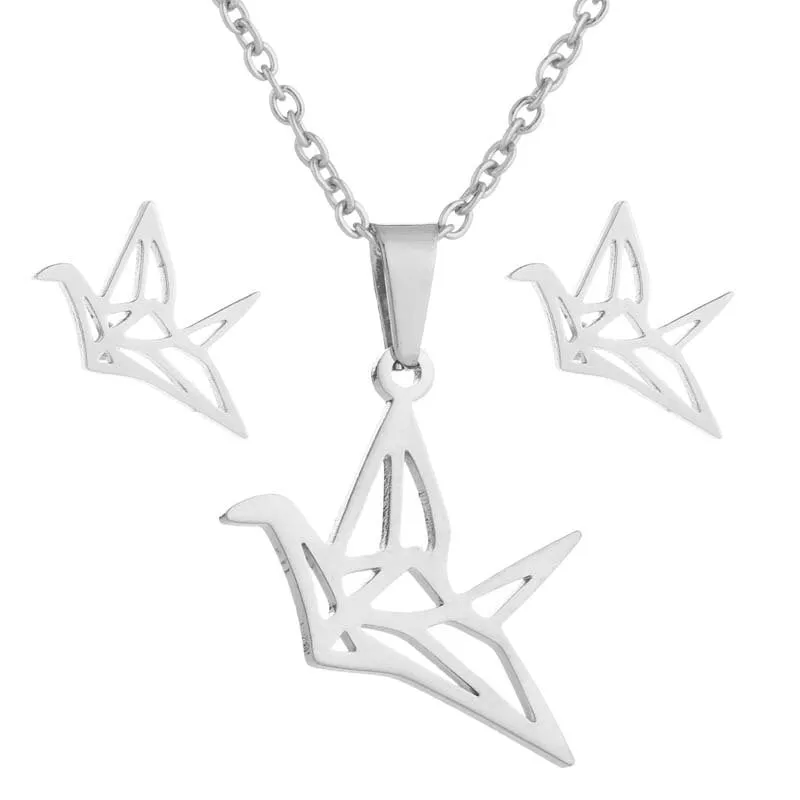 Trendy Jewelry Hollow Paper Crane Jewelry Set for Her in 925 Sterling Silver